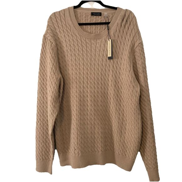 Tahari Mens XL Sweater Tan Brown Textured Cable Knit Viscose Blend Crew Neck NEW - Picture 1 of 6